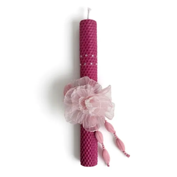 Λαμπάδα ματζέντα μελισσοκέρι με υφασμάτινο λουλούδι