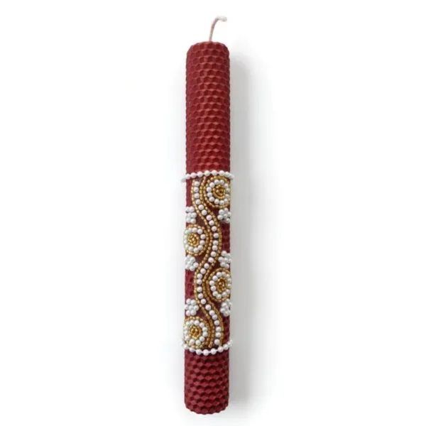 Λαμπάδα μελισσοκέρι σε μεταλλικό μπορντό με πέρλες και στρας