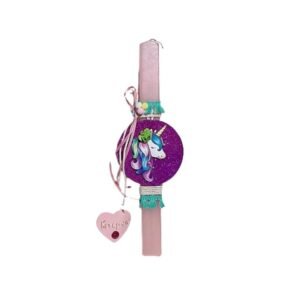 Λαμπάδα πλακέ ροζ με κρεμαστό διακοσμητικό με Μονόκερο και όνομα