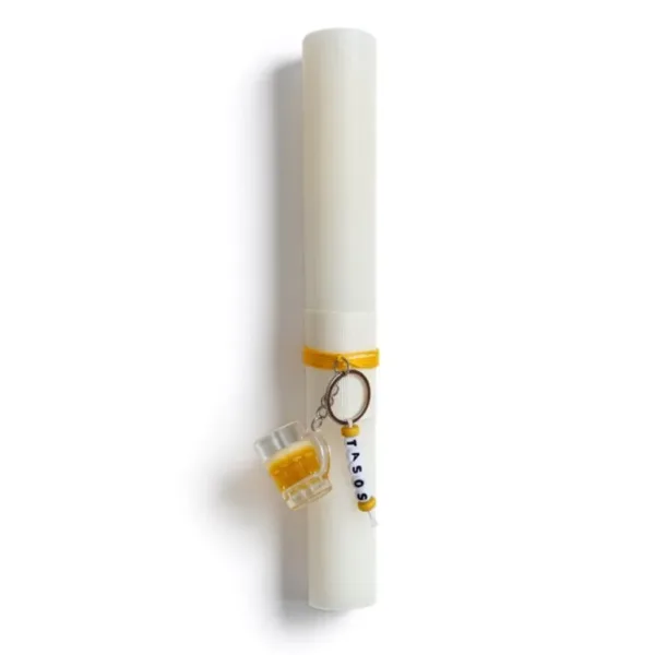 Λευκή λαμπάδα με μπρελόκ ποτήρι μπύρας και όνομα