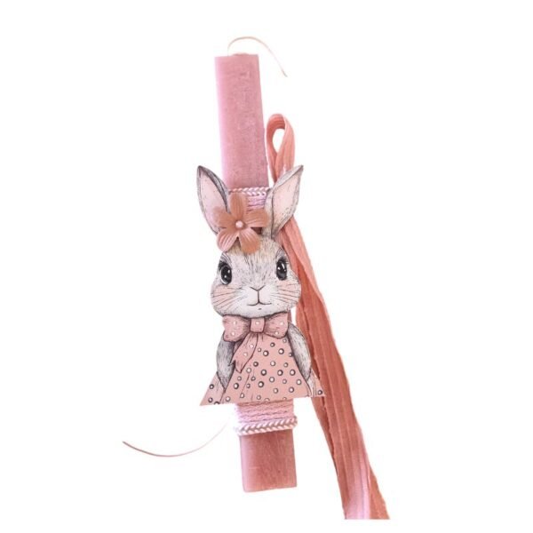 Ροζ Πλακέ Λαμπάδα με Ξύλινη Φιγούρα Λαγουδίνας, Κορδέλες και Λουλούδι (30εκ )