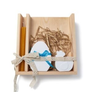 Πασχαλινή σύνθεση, ξύλινη θήκη, κερί, Κοτούλα & Αυγουλάκι από πορσελάνη