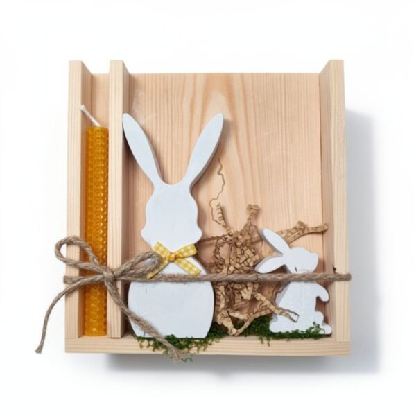Πασχαλινή σύνθεση, ξύλινη θήκη, κερί και 2 κουνελάκια από πορσελάνη