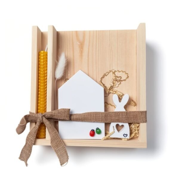 Σετ πασχαλινή σύνθεση με ξύλινη θήκη, κερί και δύο διακοσμητικά από πορσελάνη