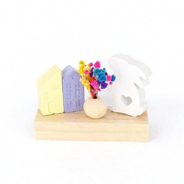 Πασχαλινό Διακοσμητικό με Λαγουδάκι & Παστέλ Σπιτάκια σε Ξύλινη Βάση