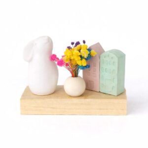 Πασχαλινό Διακοσμητικό με Λαγουδάκι & Παστέλ Σπιτάκια σε Ξύλινη Βάση