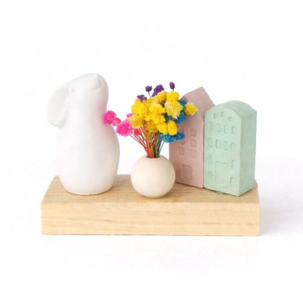 Πασχαλινό Διακοσμητικό με Λαγουδάκι & Παστέλ Σπιτάκια σε Ξύλινη Βάση