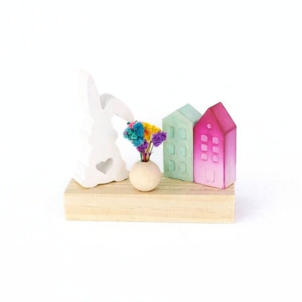 Πασχαλινό Διακοσμητικό με Λαγουδάκι & Παστέλ Σπιτάκια σε Ξύλινη Βάση