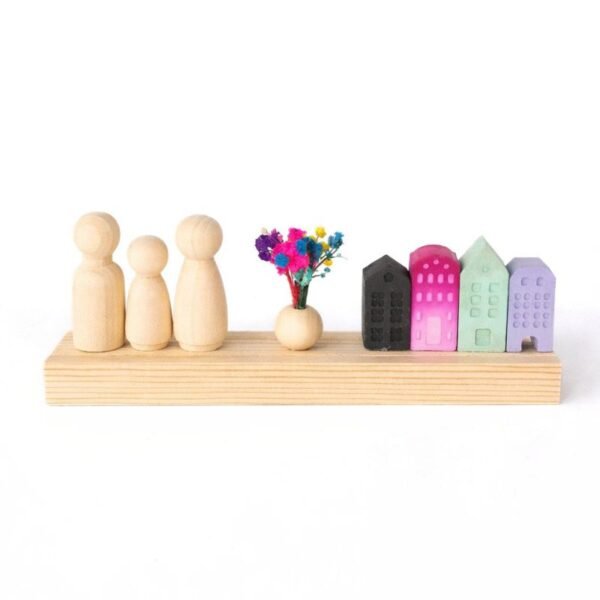 Ξύλινο Διακοσμητικό Οικογένειας με Σπιτάκια & Λουλούδια