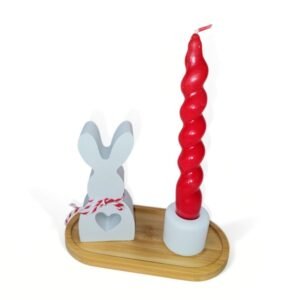 Πασχαλινή σύνθεση με βάση ξύλο μπαμπού, Κουνελάκι & κηροπήγιο με κερί