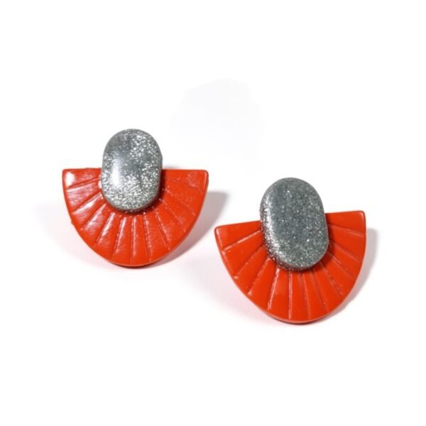 Σκουλαρίκια απο πολυμερικό πηλό, κόκκινη βεντάλια με ασημί glitter