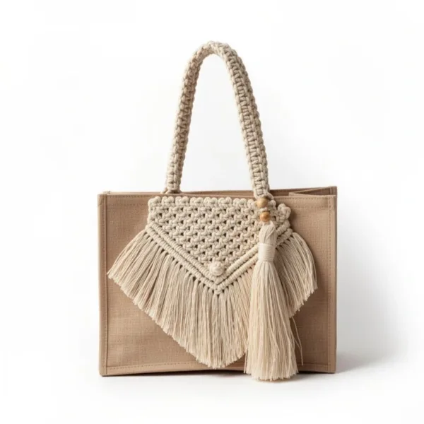 Boho Tote Τσάντα από Λινάτσα με Μακραμέ Λεπτομέρειες